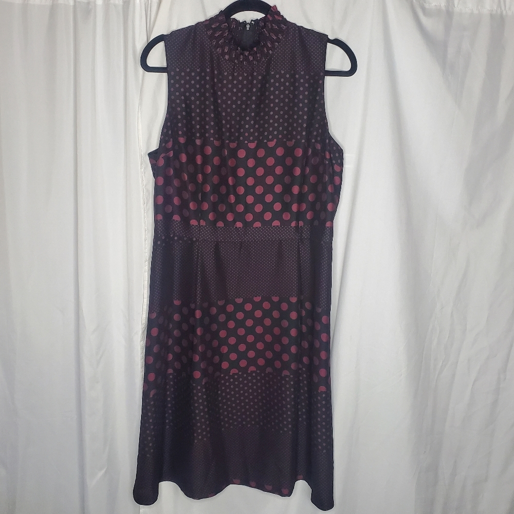 ♤ Who What Wear High Neck Sleeveless Polka-dot Dress Size Large Black Burgundy